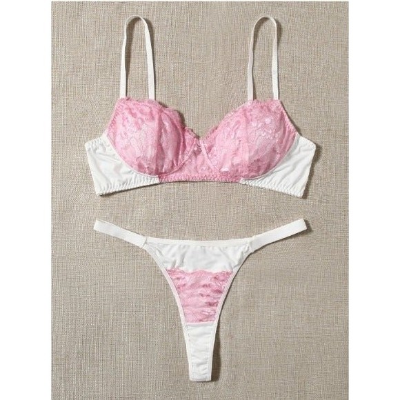 US Size 14 Plus (1X) Pink & White Contrast Lace Bra & Panty Lingerie Set - Picture 4 of 5